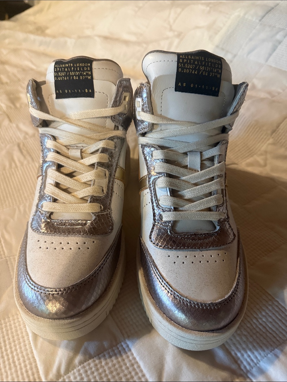 All Saints White & Metallic Gold High-Top Sneakers